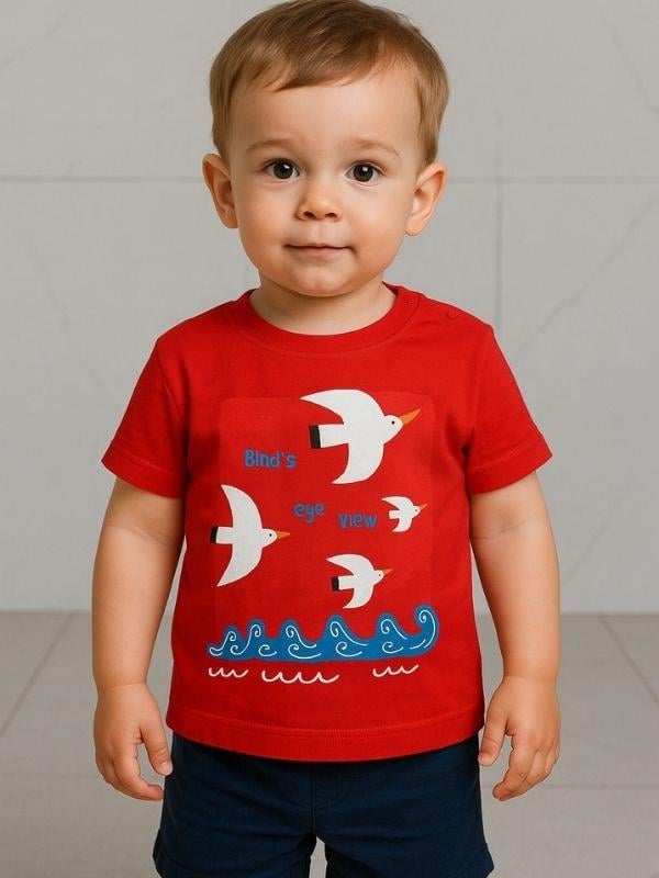 Erkek Bebek Pamuklu Kuş Baskılı T-shirt