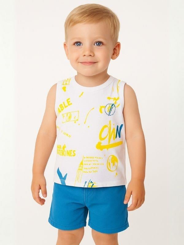 Erkek Bebek Pamuklu Renkli Yazı Baskılı Kolsuz T-shirt