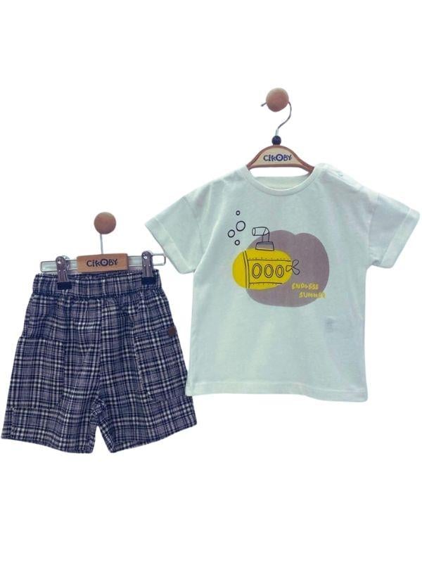 Erkek Bebek Pamuklu T-shirt Kareli Şortlu Takım