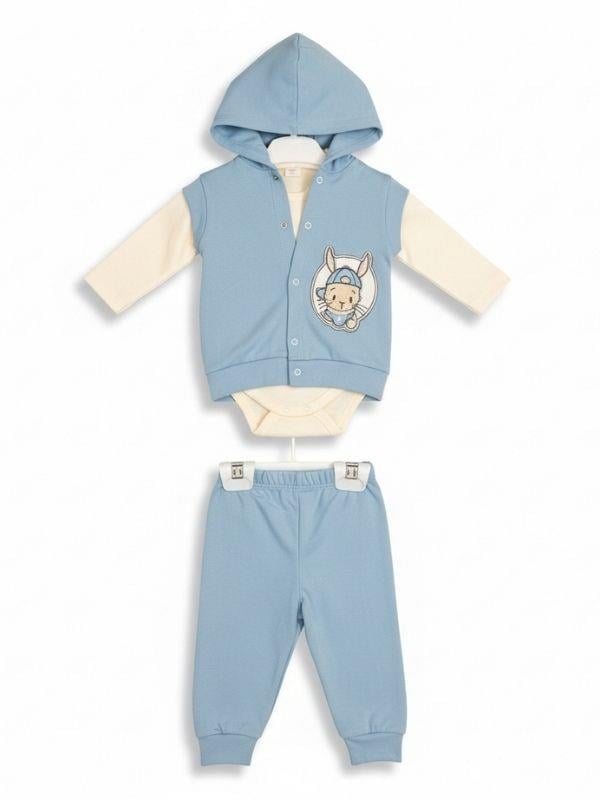 Erkek Bebek Pamuklu Tavşan Detaylı Yelekli Üçlü Eşofman Takım