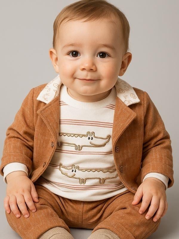 Erkek Bebek Pamuklu Timsah Desenli Body Ceket Pantolon 3'lü Takım
