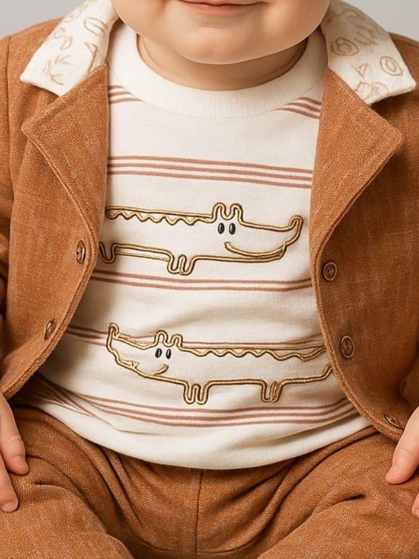 Erkek Bebek Pamuklu Timsah Desenli Body Ceket Pantolon 3'lü Takım