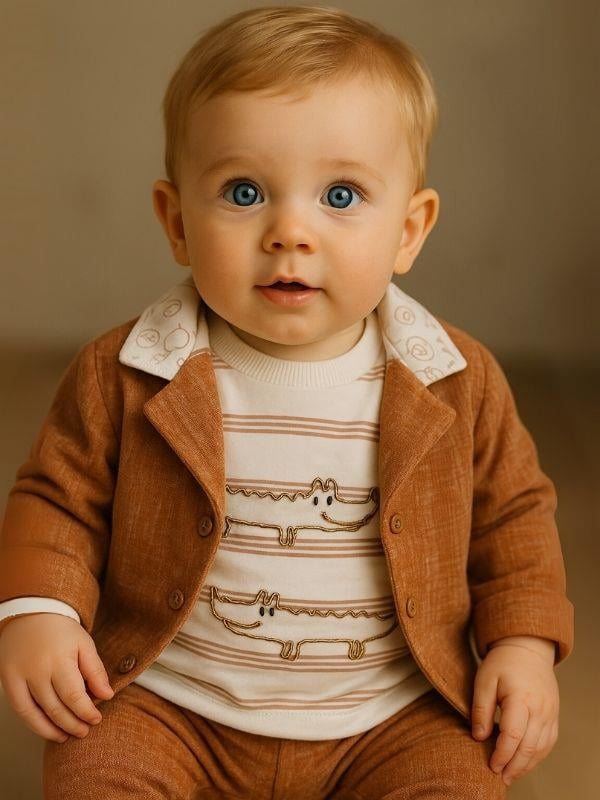 Erkek Bebek Pamuklu Timsah Desenli Body Ceket Pantolon 3'lü Takım