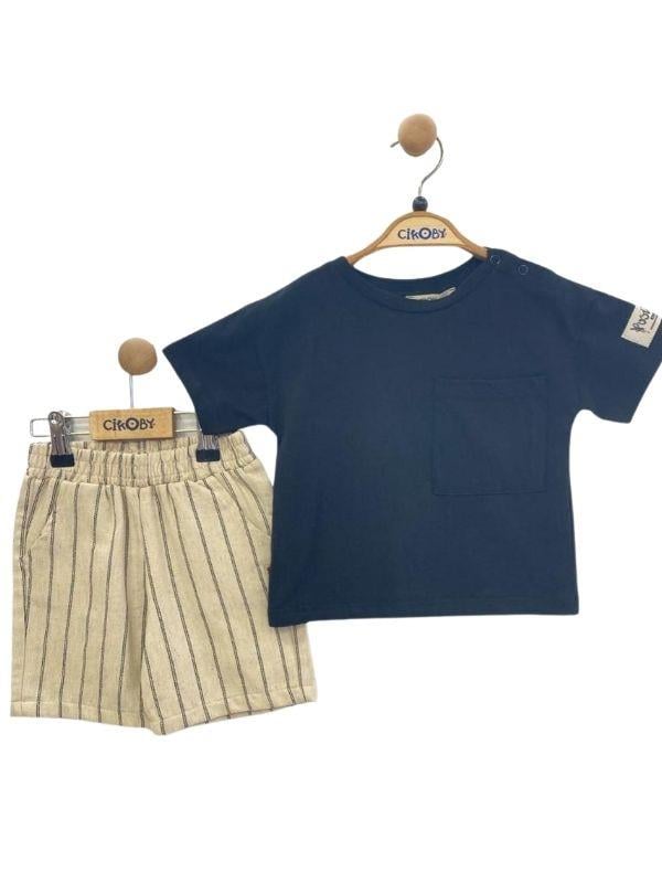 Erkek Bebek Pamuklu Tshirt Çizgili Şortlu Takım