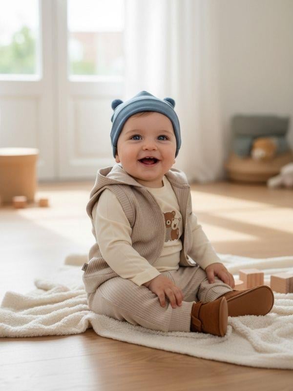 Erkek Bebek Pamuklu Üçlü Yelekli Eşofman Takımı