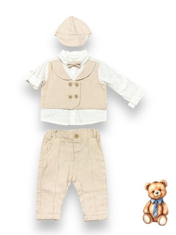 Erkek Bebek Papyon Şapka Gömlek Pantolonlu Pamuklu Şık Takım