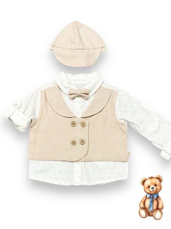Erkek Bebek Papyon Şapka Gömlek Pantolonlu Pamuklu Şık Takım