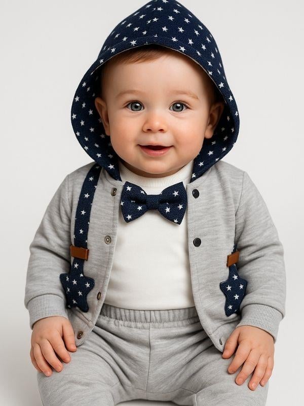 Erkek Bebek Papyonlu Hırkalı 3'lü Eşofman Takımı