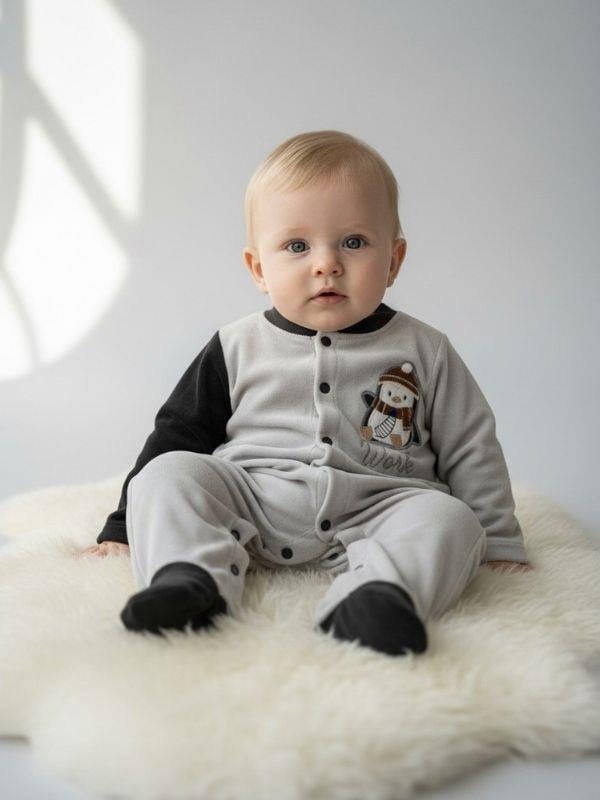 Erkek Bebek Penguen Desenli Kışlık Kadife Tulum