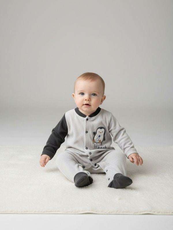 Erkek Bebek Penguen Desenli Kışlık Kadife Tulum