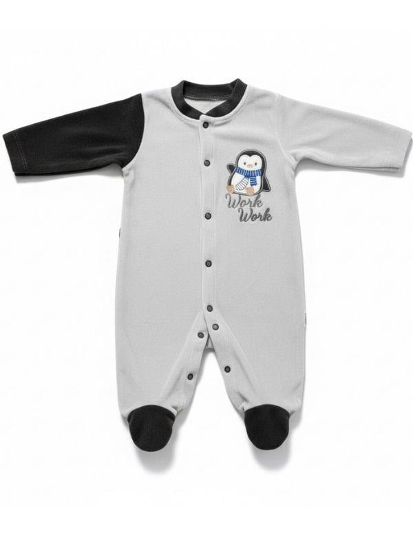 Erkek Bebek Penguen Desenli Kışlık Kadife Tulum