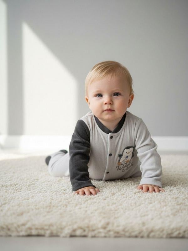 Erkek Bebek Penguen Desenli Kışlık Kadife Tulum