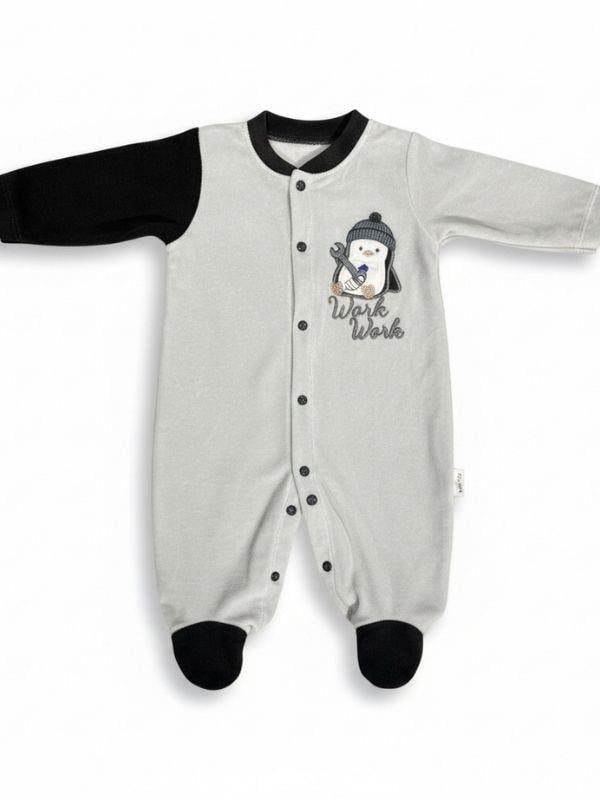 Erkek Bebek Penguen Desenli Kışlık Kadife Tulum