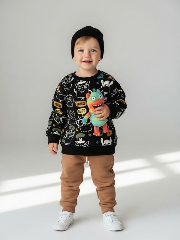 Erkek Bebek Sevimli Canavar Temalı Tasarım Eşofman Takımı