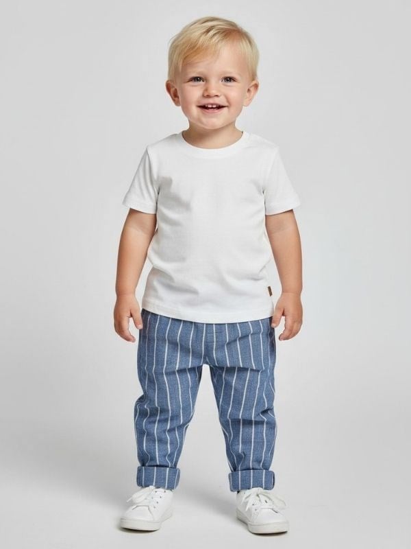 Erkek Bebek T-shirt Çizgili Keten Pantolonlu Takım