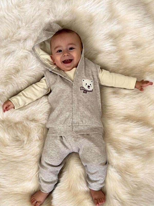 Erkek Bebek Üçlü Ayıcık Detaylı Yelekli Takım