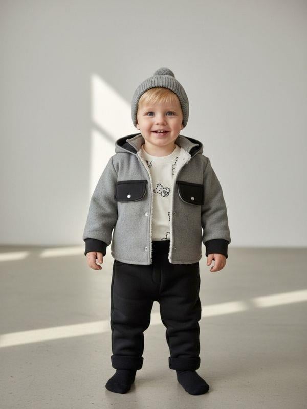 Erkek Bebek Uzun Kollu T-shirt Kapüşonlu Ceketli Üçlü Eşofman Takımı