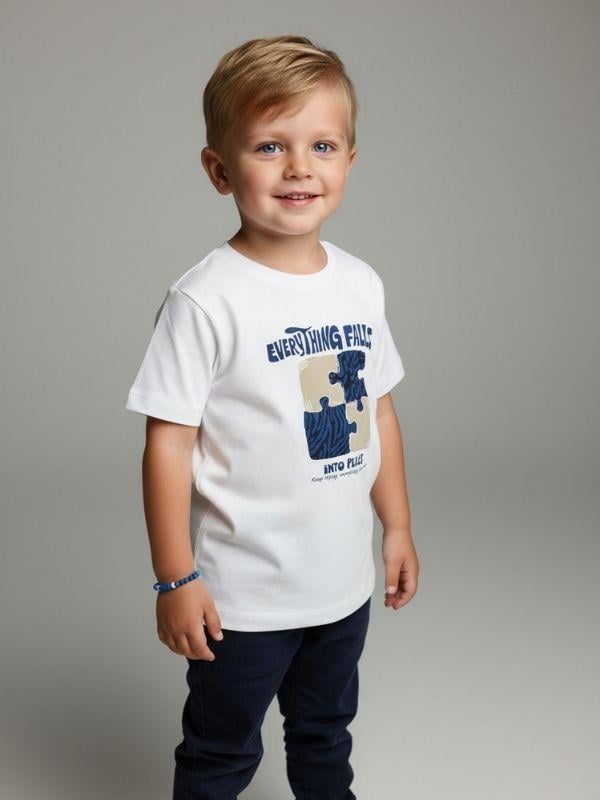 Erkek Bebek Yapboz Baskılı Pamuklu Kısa Kollu T-shirt