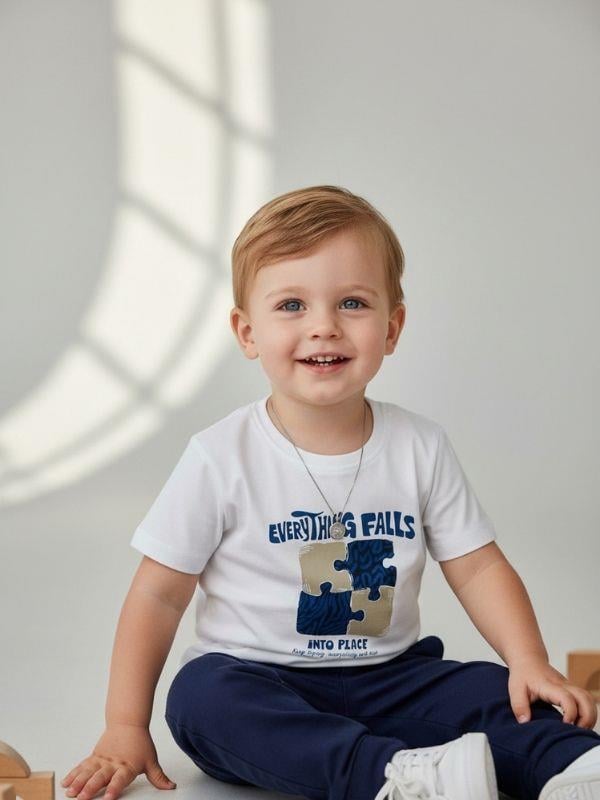 Erkek Bebek Yapboz Baskılı Pamuklu Kısa Kollu T-shirt