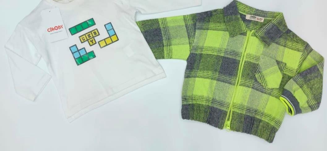 Erkek Bebek Yeşil Kareli Ceket Ve Lego Baskılı Uzun Kollu 2 li Takım