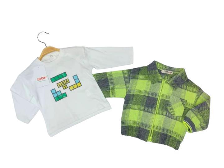 Erkek Bebek Yeşil Kareli Ceket Ve Lego Baskılı Uzun Kollu 2 li Takım