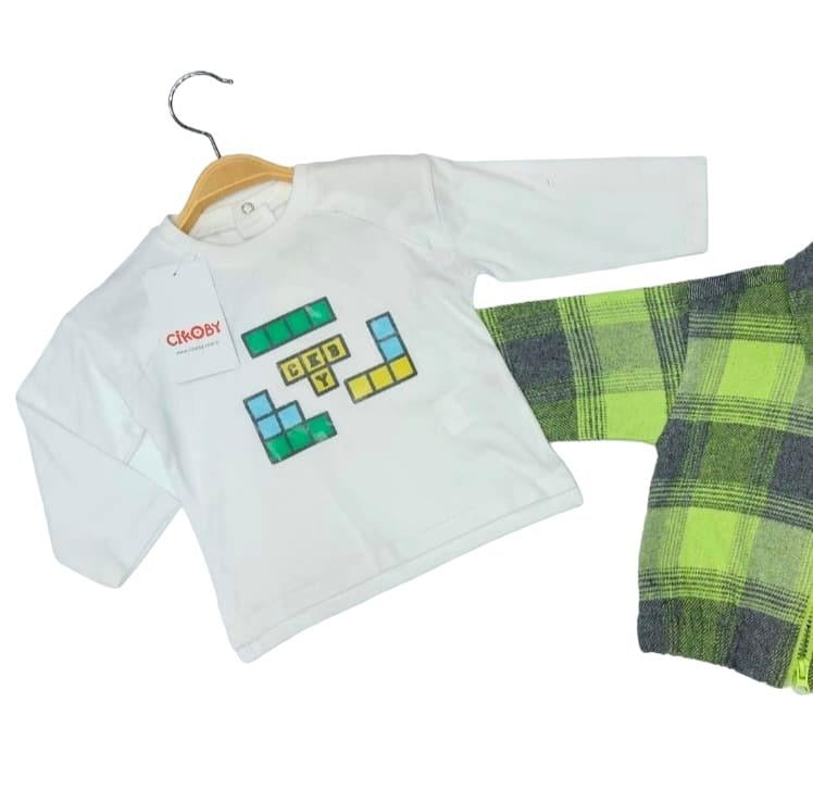 Erkek Bebek Yeşil Kareli Ceket Ve Lego Baskılı Uzun Kollu 2 li Takım