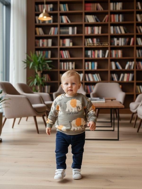 Erkek Bebek yumuşak Dokulu Fil Desenli Sweatshirt