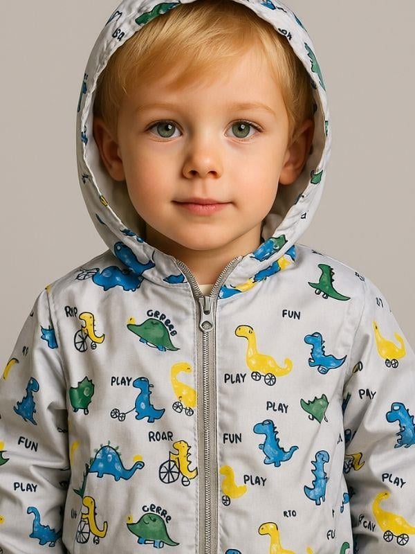 Erkek Çocuk Araba Ve Dinazor Desenli Kapüşonlu Pamuk Astarlı Rüzgarlık