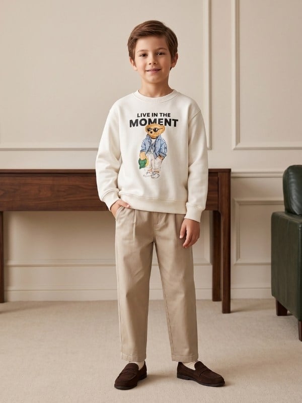 Erkek Çocuk Ayıcık Baskılı Bisiklet Yaka Sweatshirt