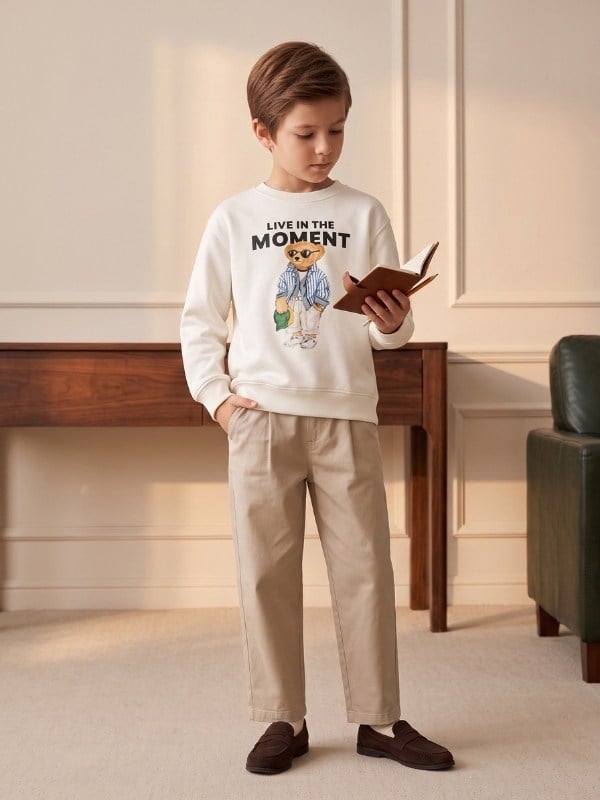 Erkek Çocuk Ayıcık Baskılı Bisiklet Yaka Sweatshirt