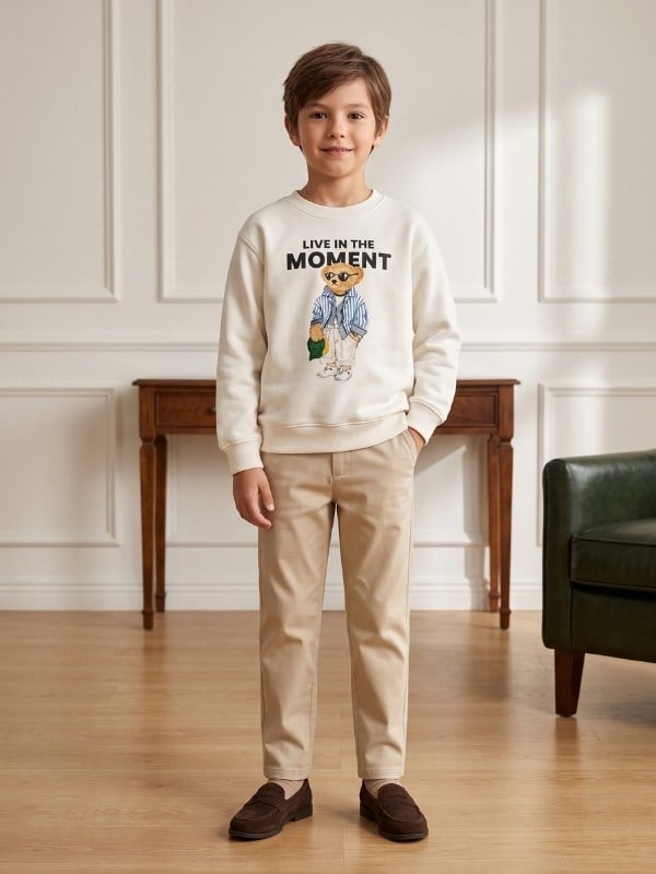 Erkek Çocuk Ayıcık Baskılı Bisiklet Yaka Sweatshirt