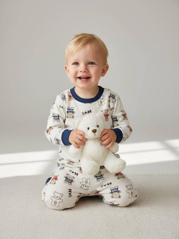 Erkek Çocuk Ayıcık Desenli Pamuklu Pijama Takım (6-9 ay 9 yaş Aralığı)