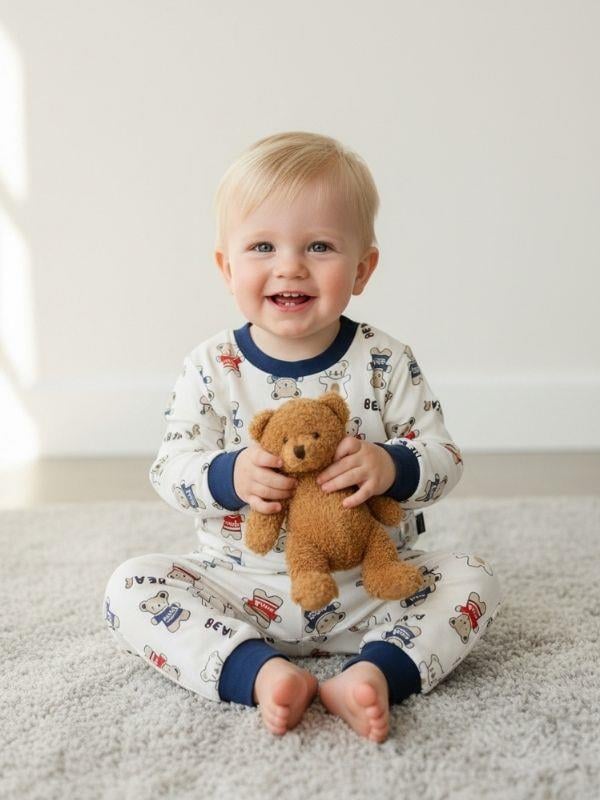 Erkek Çocuk Ayıcık Desenli Pamuklu Pijama Takım (6-9 ay 9 yaş Aralığı)