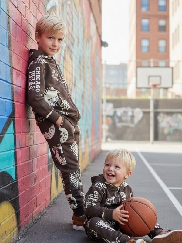 Erkek Çocuk Baskılı  Kapüşonlu Fermuarlı Eşofman Takım