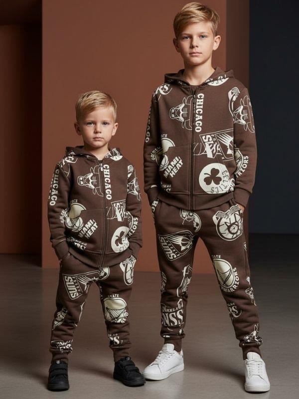Erkek Çocuk Baskılı  Kapüşonlu Fermuarlı Eşofman Takım