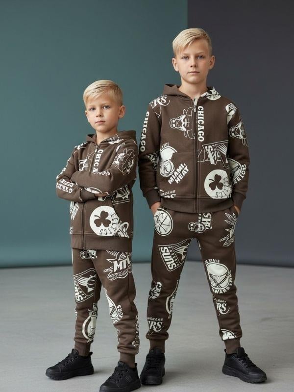 Erkek Çocuk Baskılı  Kapüşonlu Fermuarlı Eşofman Takım