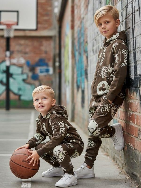 Erkek Çocuk Baskılı  Kapüşonlu Fermuarlı Eşofman Takım