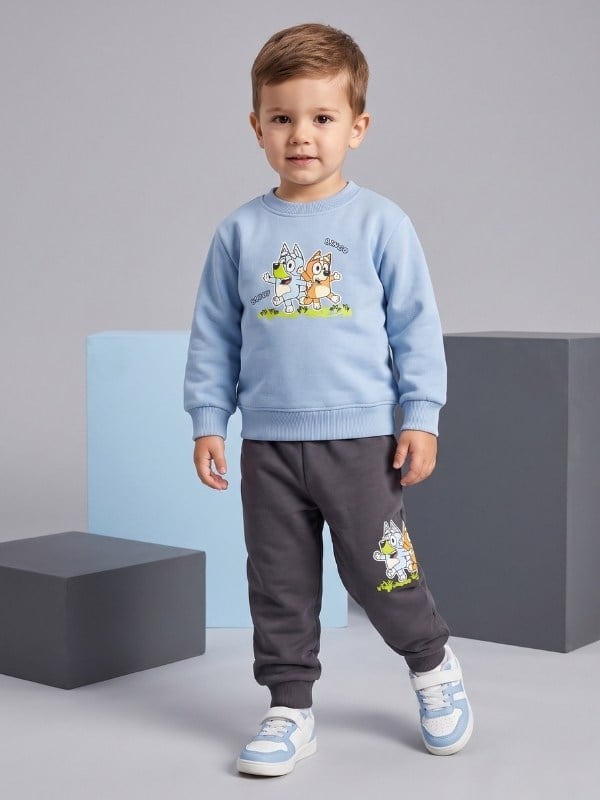Erkek Çocuk Baskılı Mavi Sweatshirt ve Jogger Eşofman Takımı