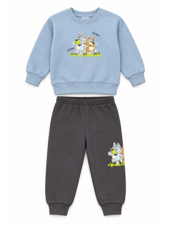 Erkek Çocuk Baskılı Mavi Sweatshirt ve Jogger Eşofman Takımı