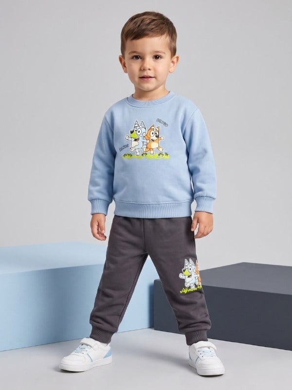 Erkek Çocuk Baskılı Mavi Sweatshirt ve Jogger Eşofman Takımı