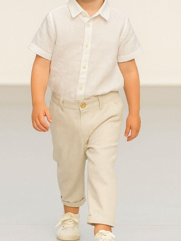 Erkek Çocuk Bel Lastikli Keten Duble Paça Pantolon