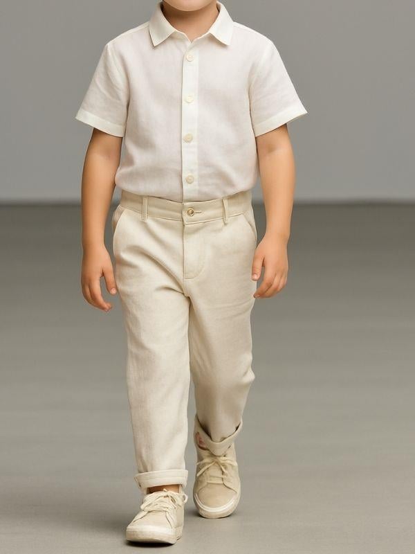 Erkek Çocuk Bel Lastikli Keten Duble Paça Pantolon