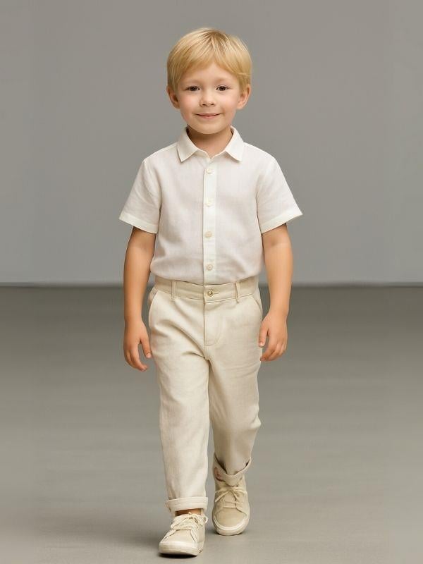 Erkek Çocuk Bel Lastikli Keten Duble Paça Pantolon