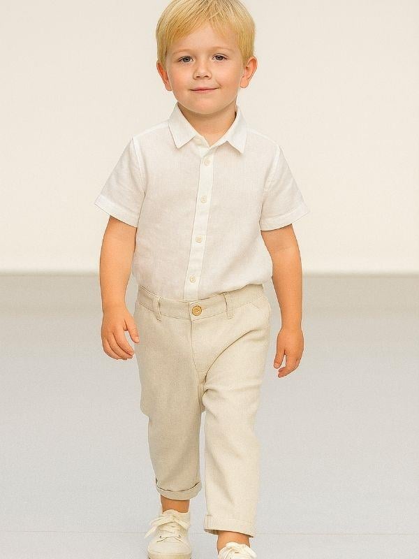 Erkek Çocuk Bel Lastikli Keten Duble Paça Pantolon