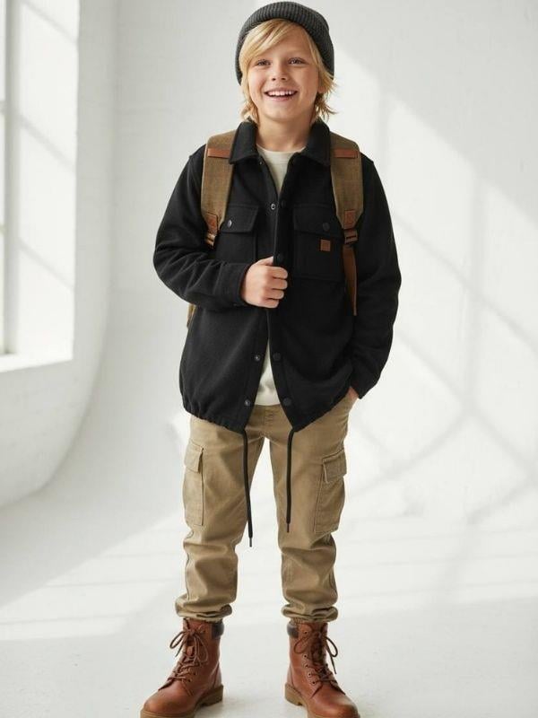 Erkek Çocuk Büzgü Detaylı Kaşe Cepli Ceket