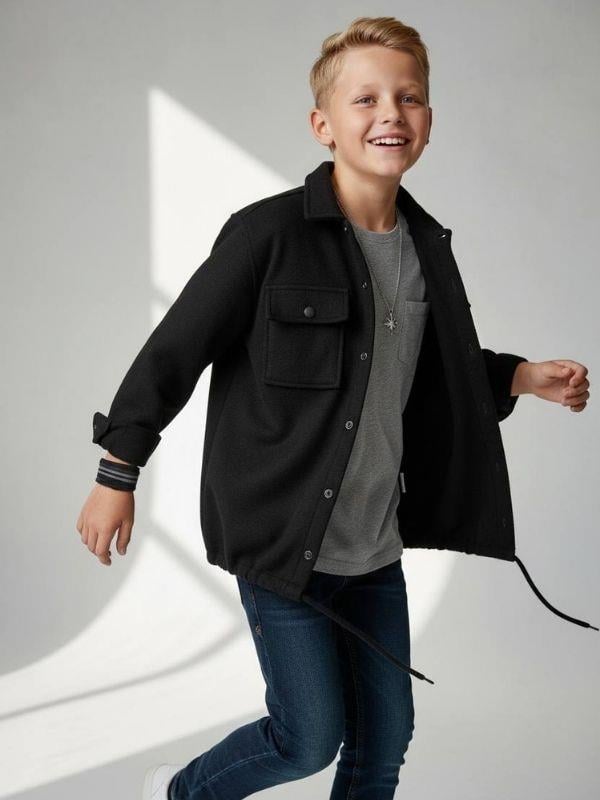 Erkek Çocuk Büzgü Detaylı Kaşe Cepli Ceket