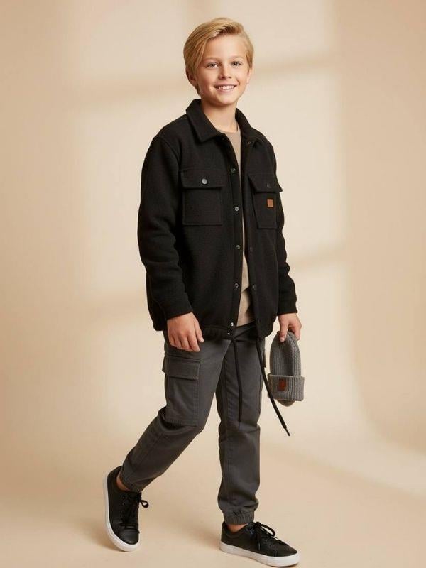 Erkek Çocuk Büzgü Detaylı Kaşe Cepli Ceket