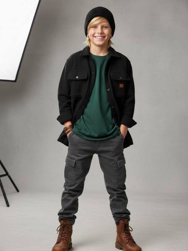 Erkek Çocuk Büzgü Detaylı Kaşe Cepli Ceket