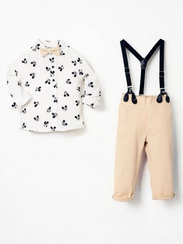 Erkek Çocuk Desenli Gömlek Papyon Askılı Pantolon Takım