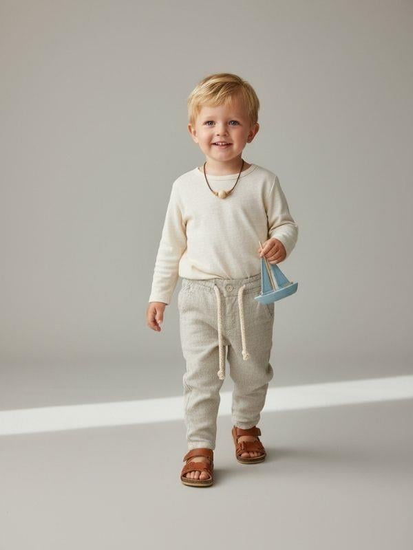 Erkek Çocuk Desenli Keten Pantolon